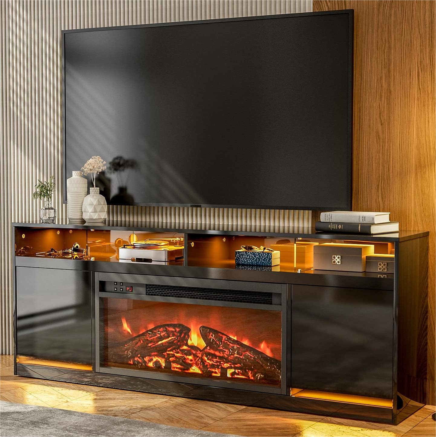 IKIFLY Black LED Fireplace TV Stand for 65+ inch TV, Modern Entertainment Center