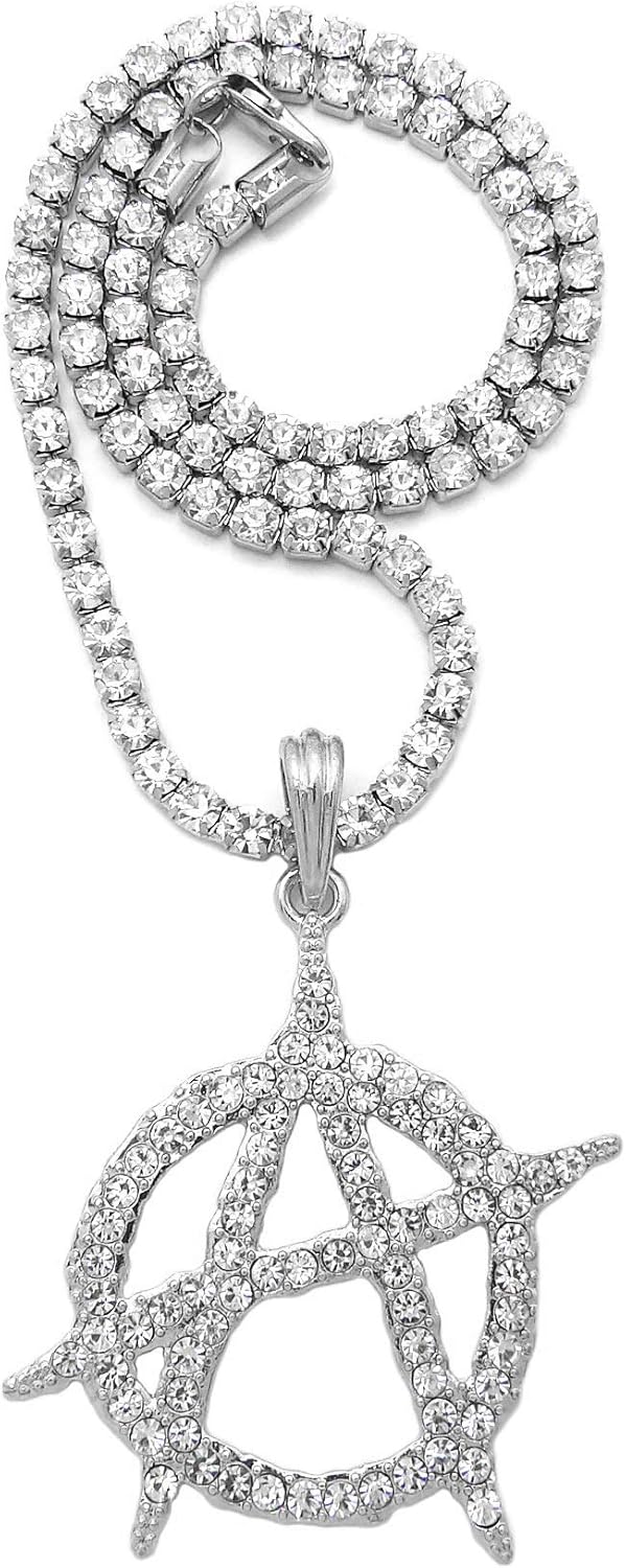 Iced Hip Hop White Gold PT Anarchy Pendant & 20" 1 Row Bling Rhinestone Chain Fashion Necklace