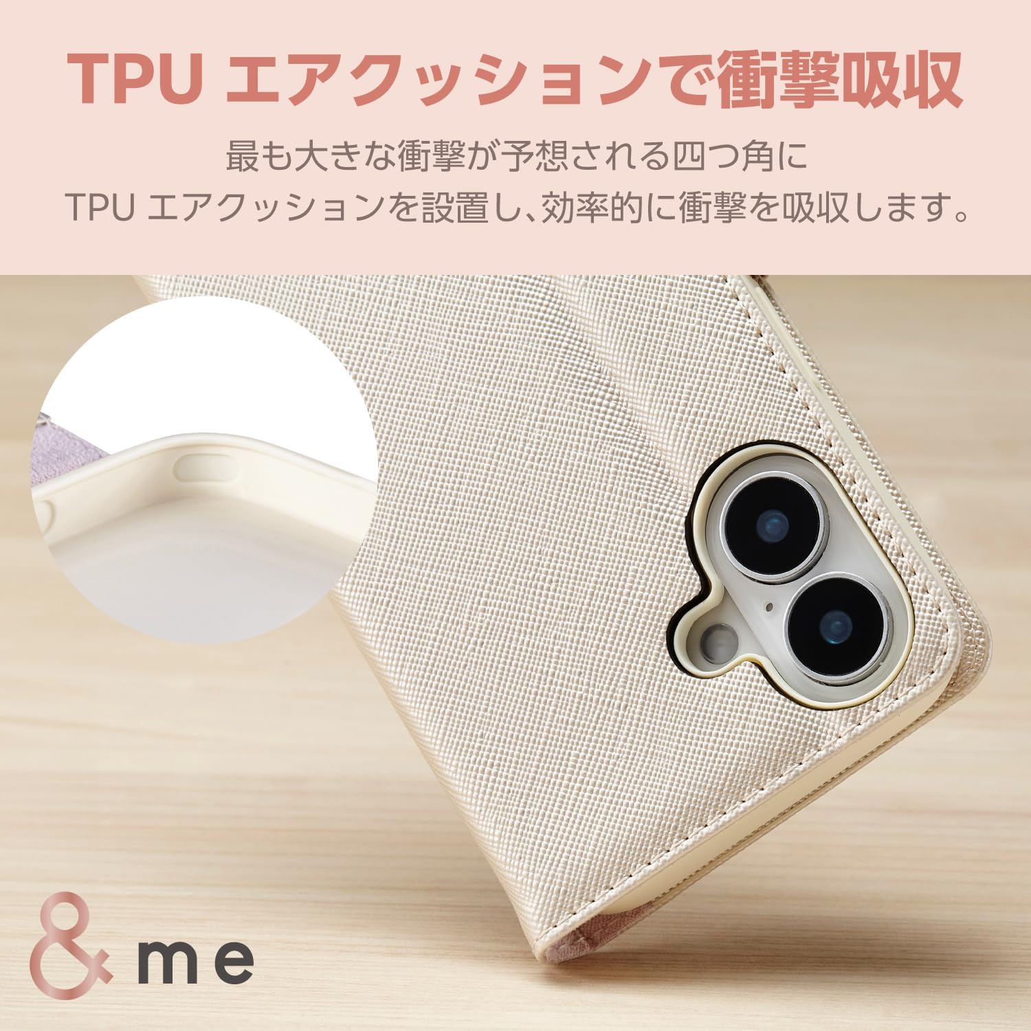 Elecom PM-A24APLFJM2WH iPhone 16 Case Cover Folio Soft Leather Compact Mirror Card Pocket x 2 Finger Strap 4 Square Air Cushion Wireless Charging Compatible &me Cute Stylish White