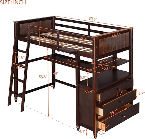 Miniatura 147 de Quarte Cama alta multifuncional, cama alta tamaño matrimonial con escritorio integrado y estantes de almacenamiento, dos cajones y escalera de