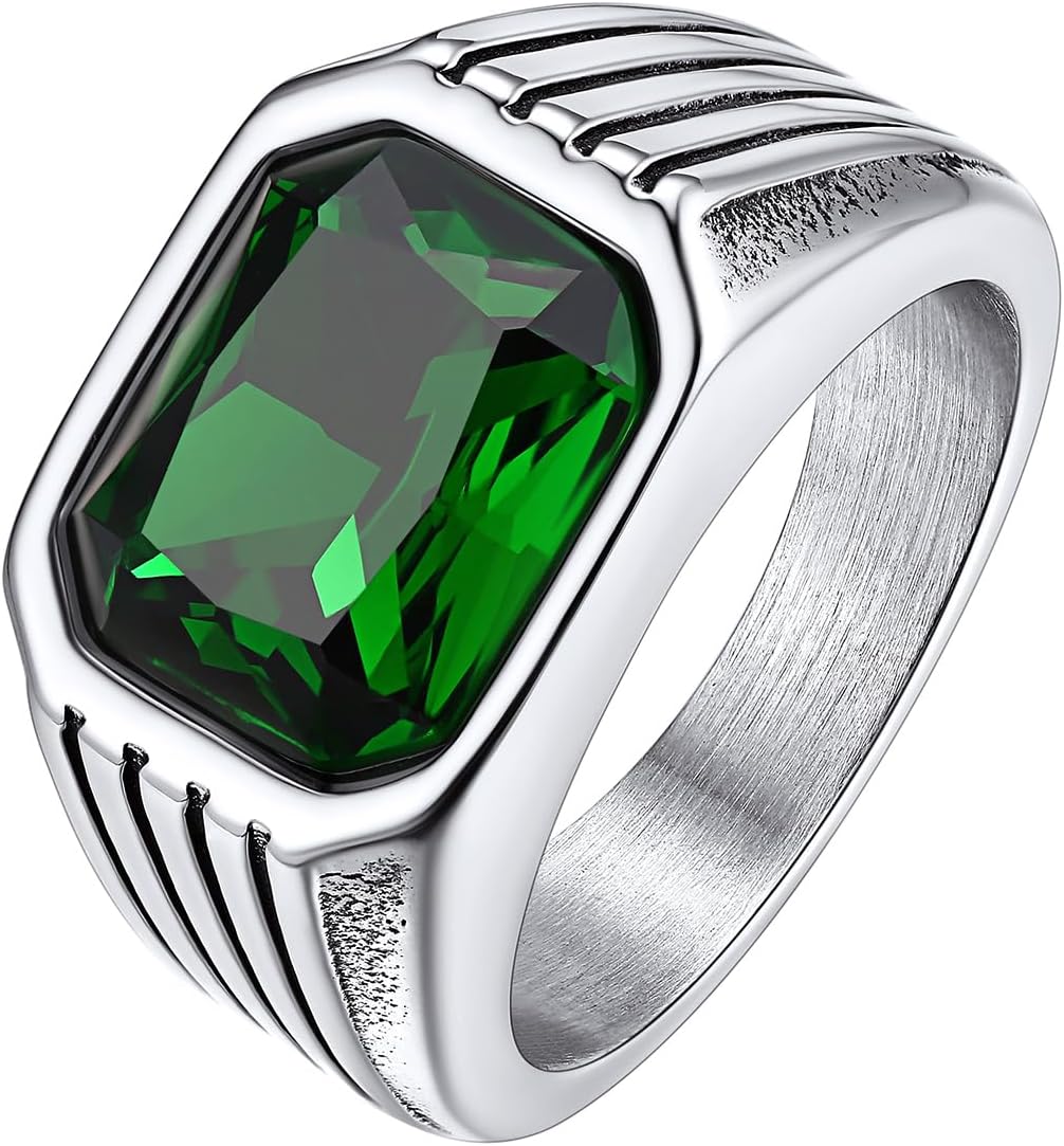 Bestyle Chunky Signet Ring for Men, Stainless Steel/Black Ring Synthetic Gemstone Band Ring Biker Ring for Men, Thumb Pinky Ring Mens Fashion Ring Jewelry Size 7-14, Gift Package