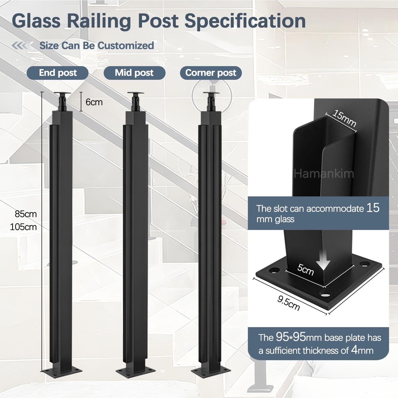 Palo per ringhiera in vetro sistema di balaustra con fessura esterna in acciaio inossidabile da 85/105cm per vetro da 15mm paletto quadrato per ringhiera per balcone scale(Mid Post,85cm(33.5in))