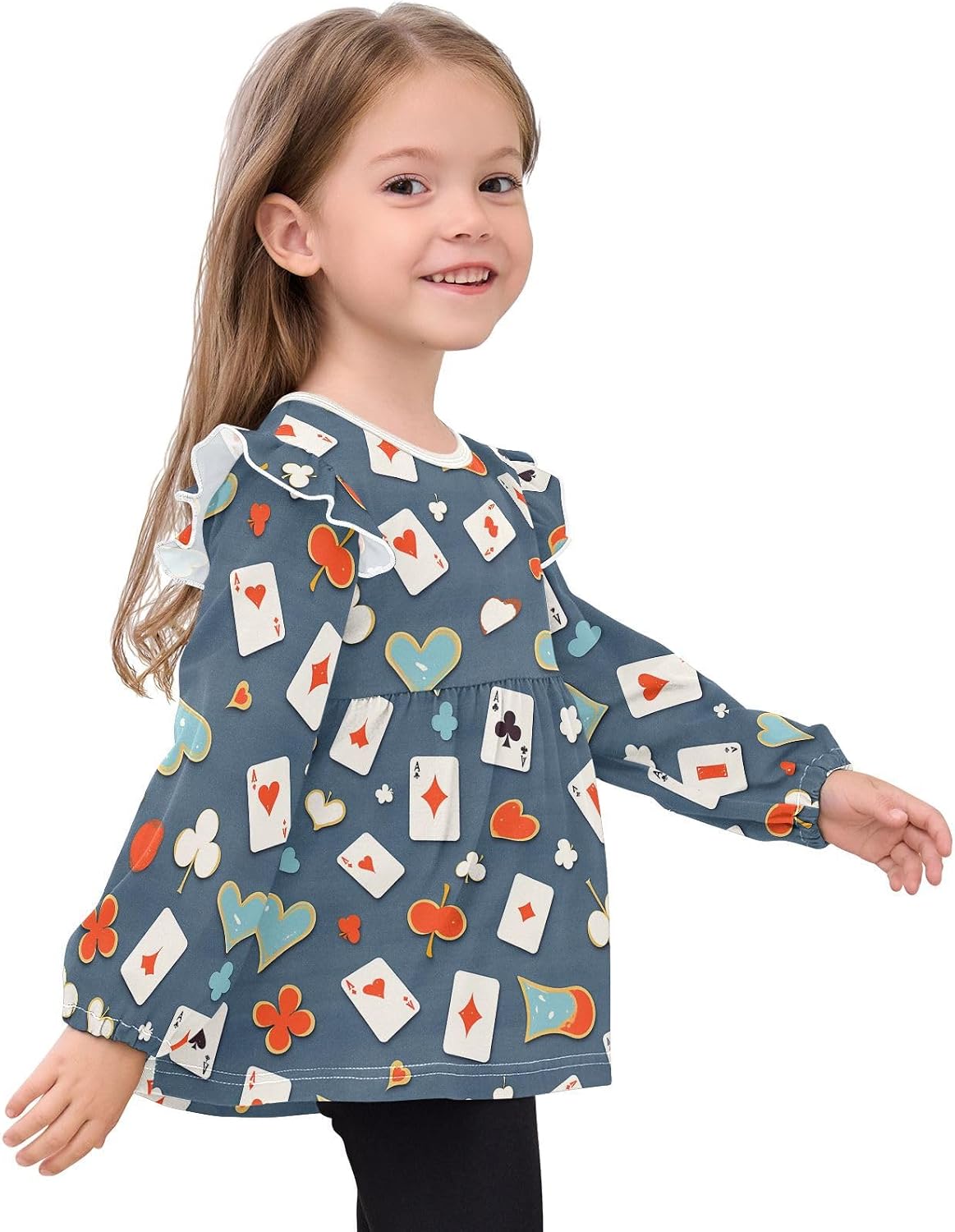 visesunny Toddler Clothes for Girls Playing Card Pattern Long Sleeve Fall Shirts Cotton Top with Ruffle Collar