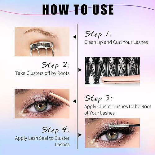 Miniatura 5 de Kit de extensiones de pestañas 50D esponjosas en racimo de 300 piezas, kit de pestañas individuales con unión de pestañas, sello y pinzas de