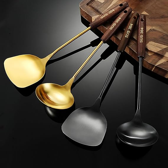 Kitchen Utensil Set, 2-Piece Cooking Tools with Wood Handle, Black (Black)