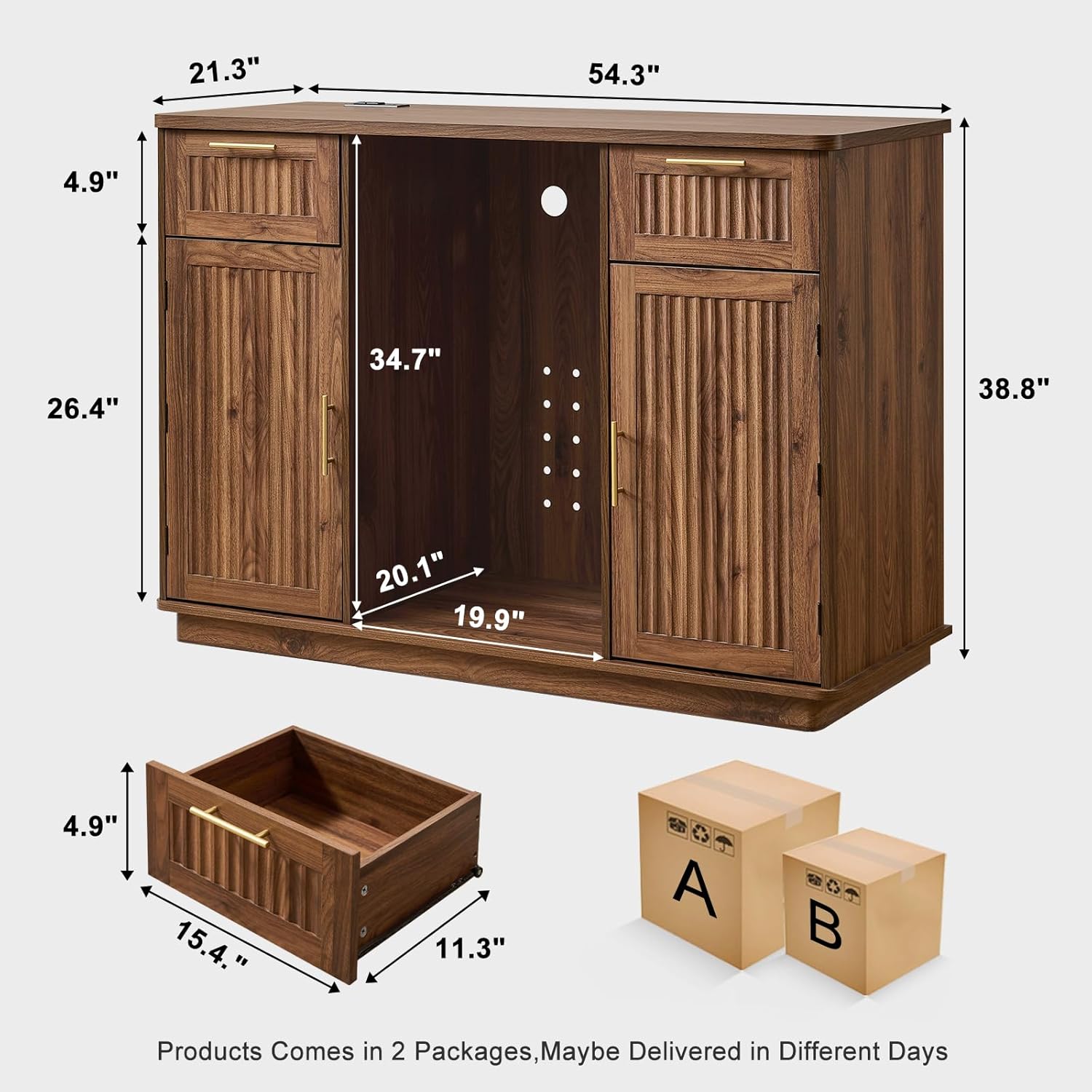 Okvnbjk Mini Fridge Cabinet with Power Outlet & Storage — Bar Cabinet with Fridge Space, Fluted Wine Bar with Wine Rack & Drawers, Coffee Station for Living Room & Dining Room