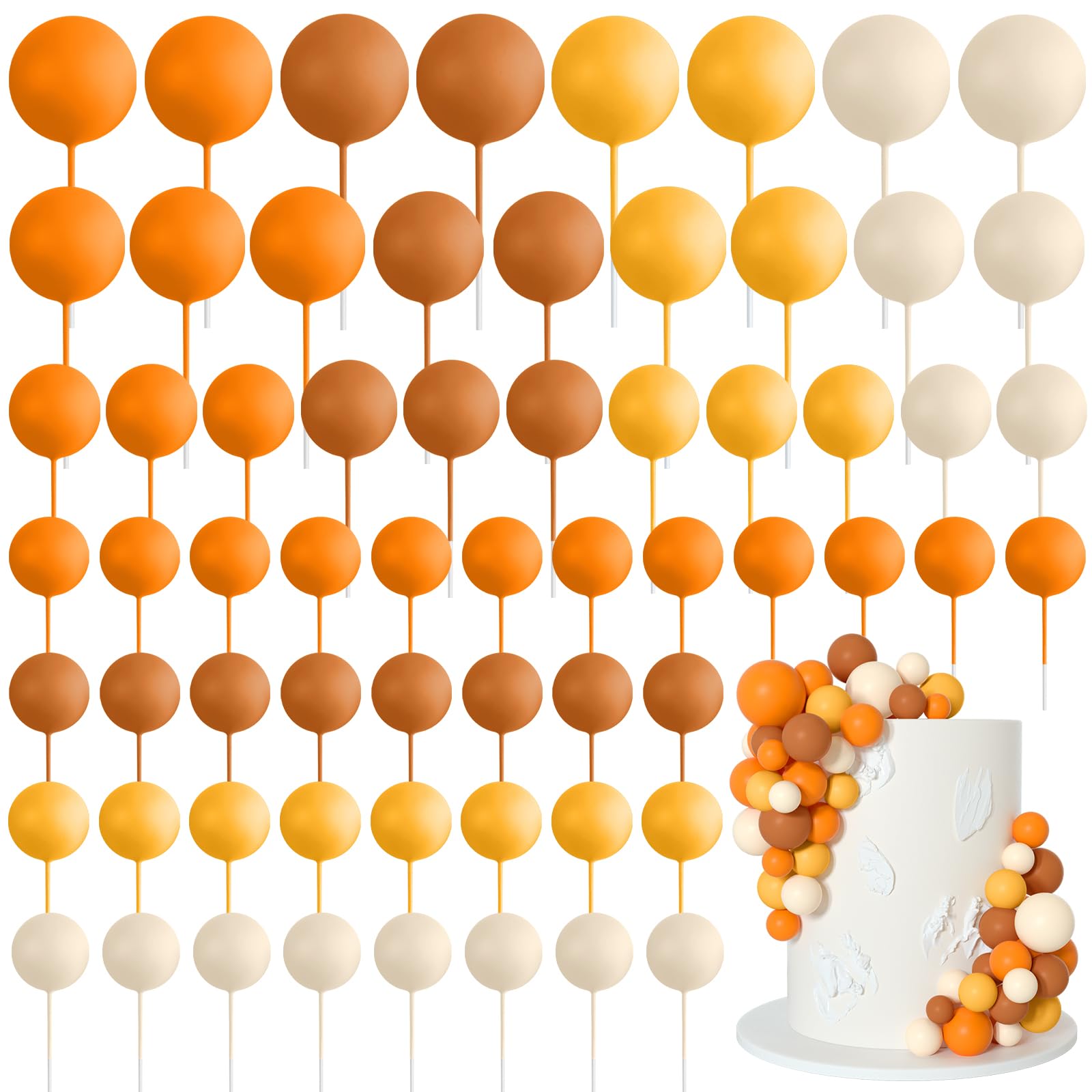 Bouiexye 75 Stück Cake Topper Decoration Tortendeko Kugeln Deko Torte Kuchendeko für Geburtstag Party Babyparty Kuchendekoration Hochzeit（Orange Khaki Serie）
