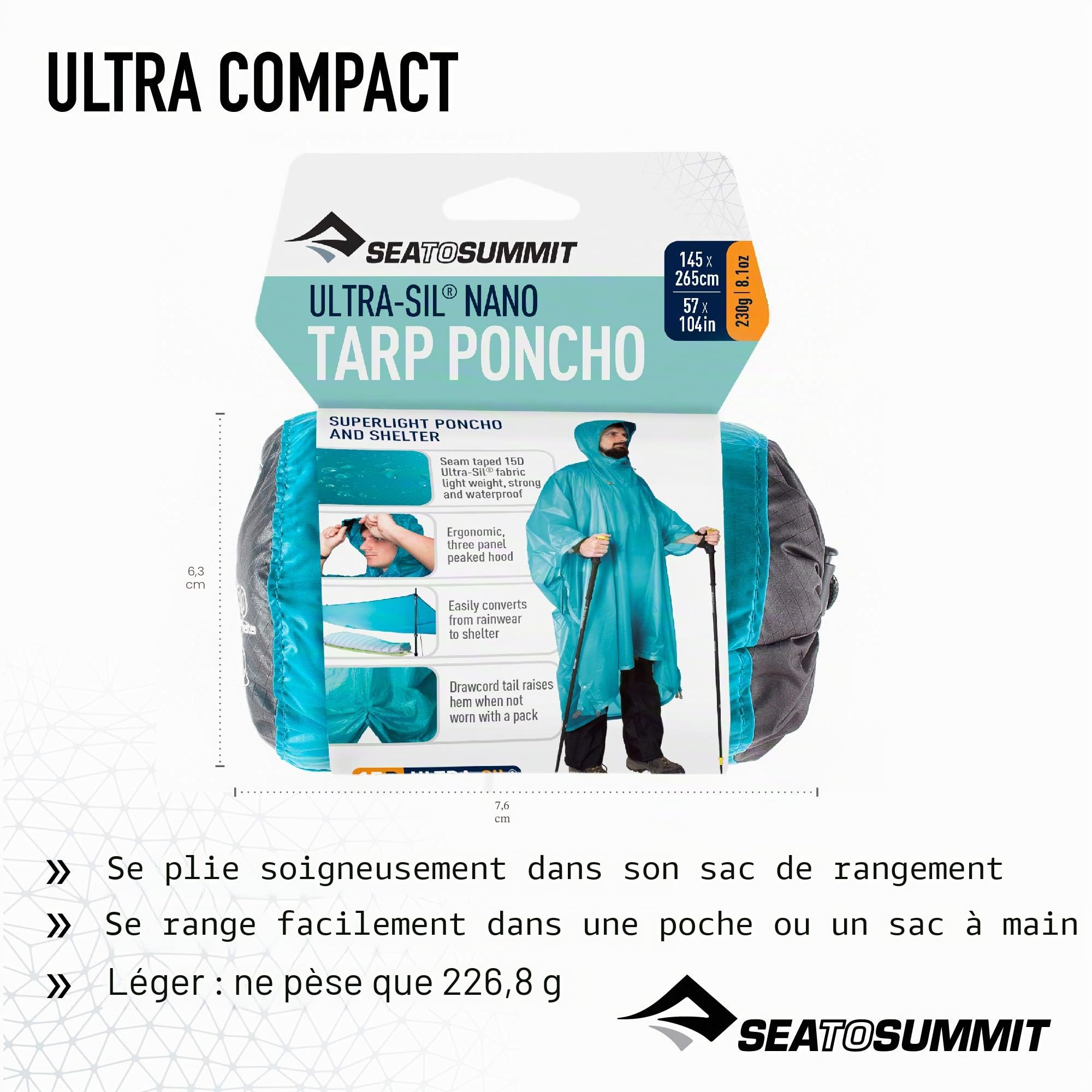 Sea to Summit - Poncho Ultra-Sil Nano Tarp - Protection Contre la Pluie Ultra légère et imperméable - avec Capuche - Protège Le Grand Sac à Dos - Bâche de Tente pour 2 Personnes - Randonnée - Bleu