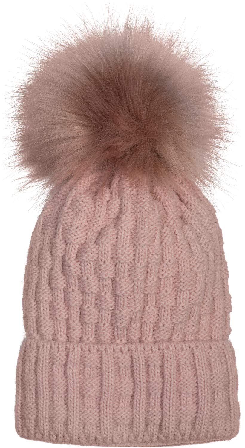 Stylebreaker Women's Old Rose Unisex Knit Pompom Hat With Woven Pattern And Thermo Fleece Lining, Winter Fur Bobble Hat, Fake Fur, Made In Poland 04024171, Colour: