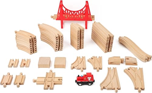 Miniatura 9 de Juego de 60 pistas de tren de madera, accesorios de expansión para niños pequeños de 3 a 5 años, 100% compatible con todas las principales marcas,