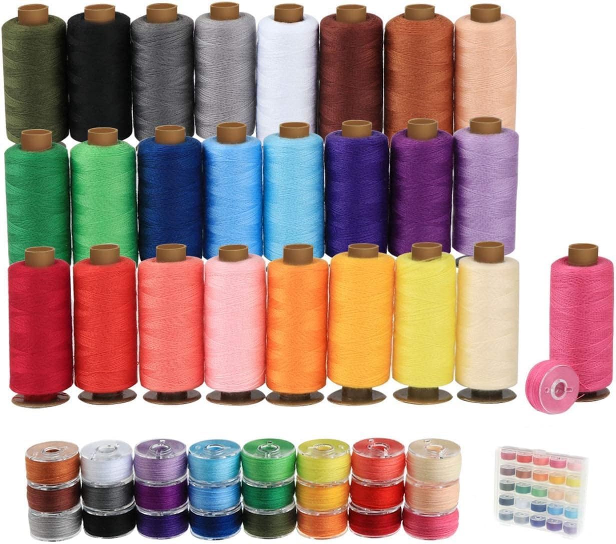50Pcs Bobbins Sewing Threads Kit, 400 Yards per Polyester Thread Spools, Prewound Bobbin with Case for Brother Singer Janome Machine, 25 Colors