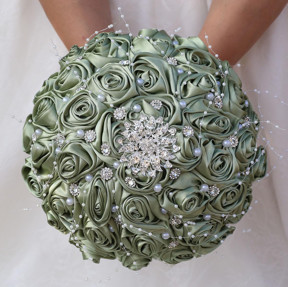 Mhojpik Bridal Wedding Bouquet Round Bling Brooch Holding Bouquet Artificial Rose Flower Bunch for Bride Bridesmaid Wedding Quinceanera(Sage Green,