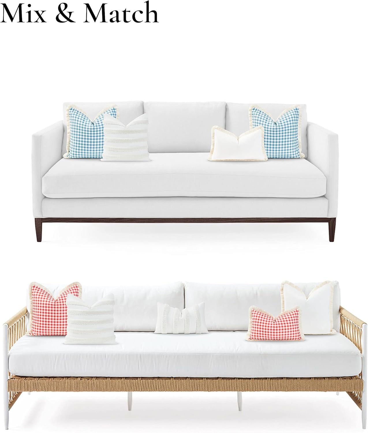Hofdeco Premium Coastal Patio Tufted Indoor Outdoor Throw Pillow Cover Only, 18"x18" Water Resistant for Backyard, Couch, White Fluffy Stripes