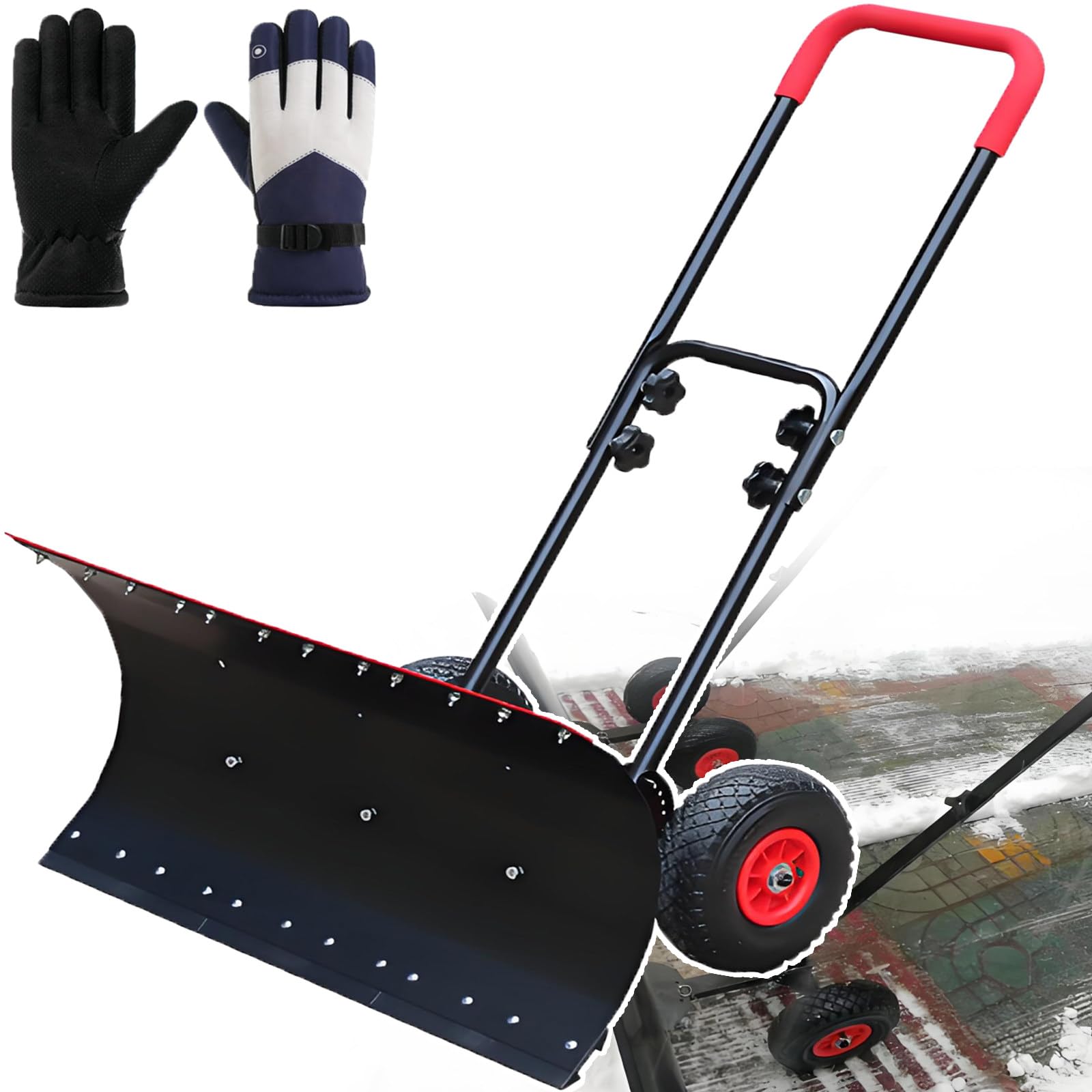 Pala de nieve de invierno con ruedas, empujador de nieve para exteriores, neumáticos antideslizantes, mango de doble palanca para una eliminación eficiente de nieve y hielo, diseño de empuje fácil