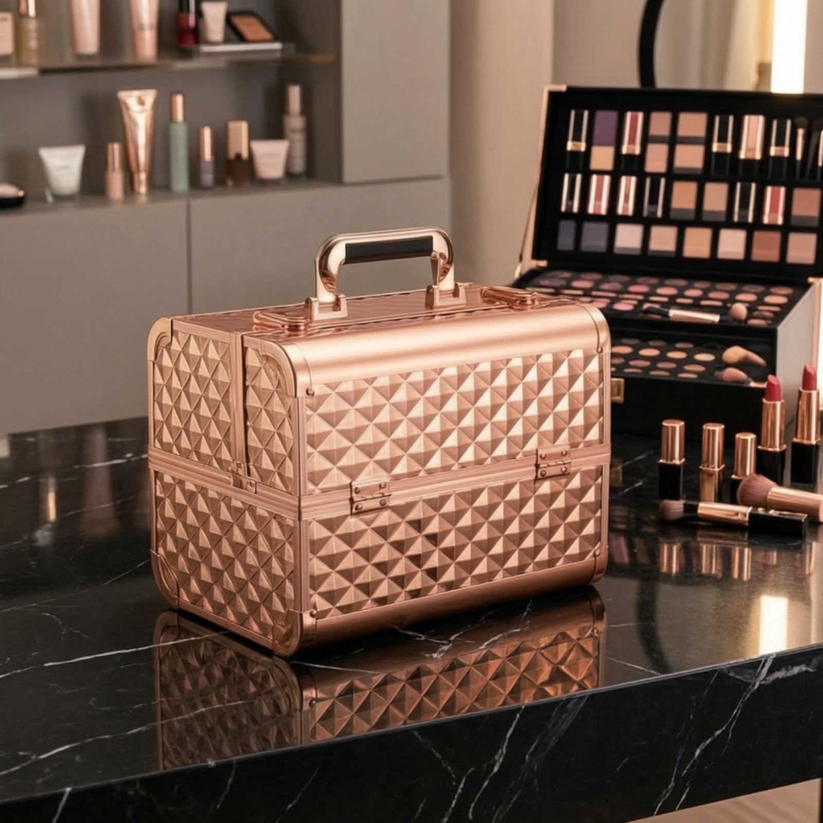 Valigetta Trucco Professionale Valigia Cosmetica Organizer Beauty Box Porta Trucchi con Maniglia Robusta E Struttura Rettangolare Interno Imbottito Nero Adatta per Truccatori Viaggi, style to 8