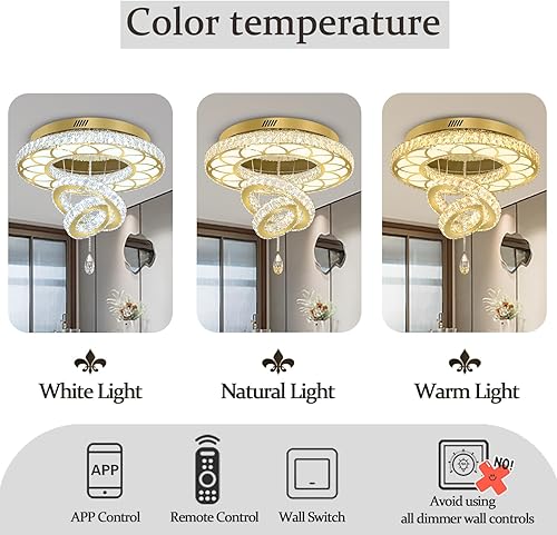 Miniatura 4 de Flashing God W24 - Candelabros modernos de cristal dorado para sala de estar, lámpara de techo redonda de cristal de 3 anillos, luz LED regulable
