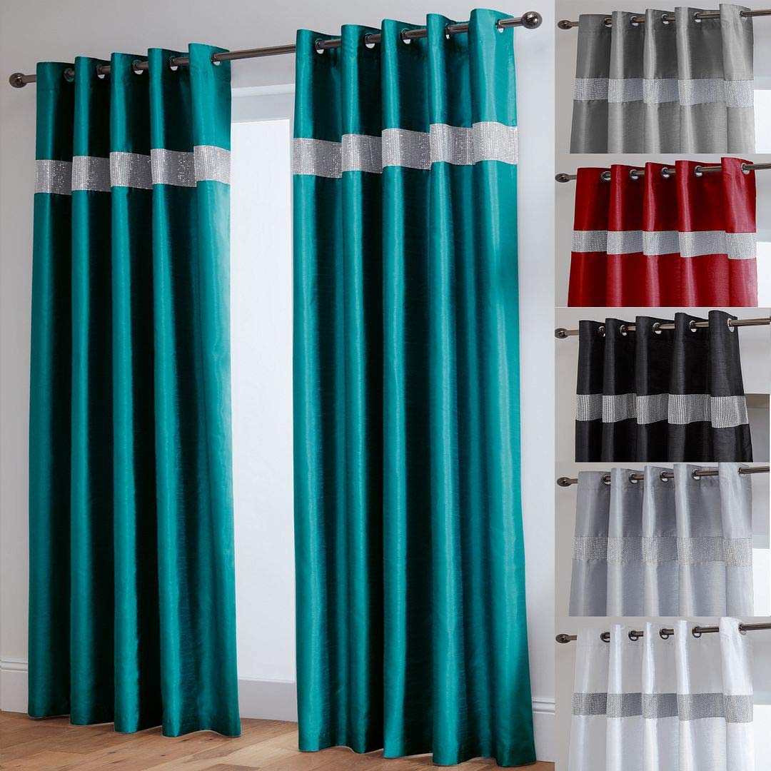 John Aird Teal Diamante Fully Lined Faux Silk Eyelet Curtains (, 66" Wide X 90" Drop)