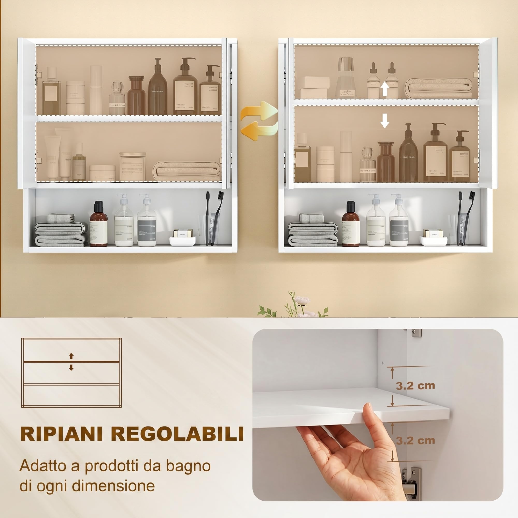 HOMCOM Mobile Bagno da Parete, Mobiletto Bagno Pensile Sospeso Moderno con Anta Soft Close, 2 Ante Specchiate, Scomparto Aperto, Ripiano Regolabile, per Soggiorno e Ingresso, Salvaspazio, Bianco