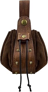 HiiFeuer Vintage Medieval Faux Leather Drawstring Pouch, Middle Ages Portable Coin Purse, Rivets Belt Pouch Dice Bag for LARP Ren Faire (Brown B)