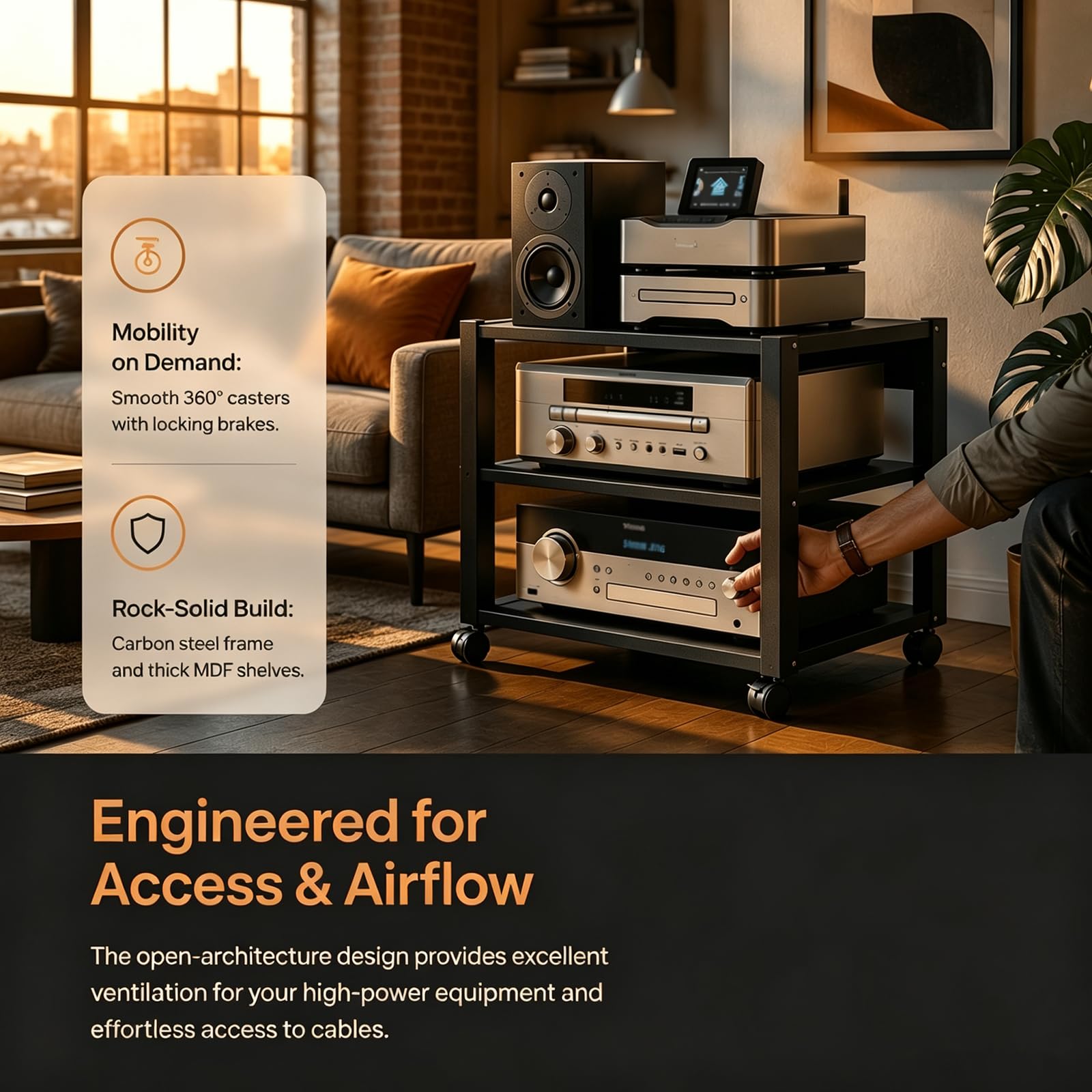 Estante AV de 4 Niveles con Ruedas para Equipos estéreo y HiFi