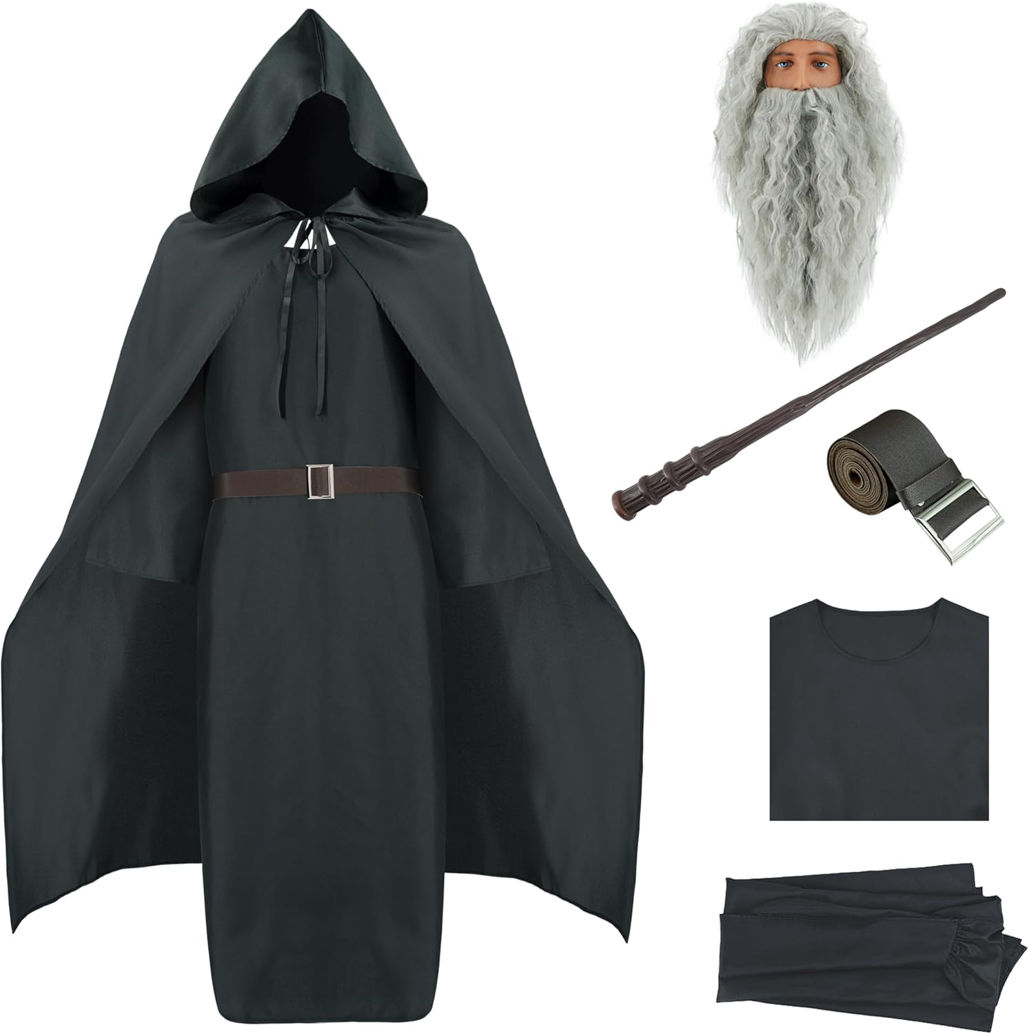 EDAUWAE Wizard Costume Men Pagan Tunic Cloak Warlock Robes Wizard Outfit with Wig Beard Cloak Magic Wand Halloween Costume