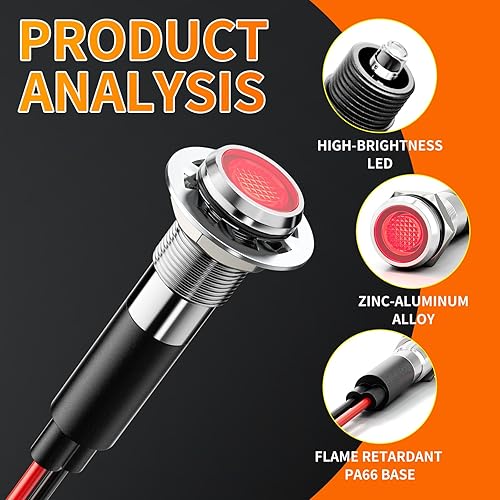 Miniatura 5 de FILN 5 piezas de luz indicadora de 8 mm (516'') LED Luz indicadora 12V 24V Lámpara piloto de metal Aluminio negro anodizado Impermeable ip67 Luz de