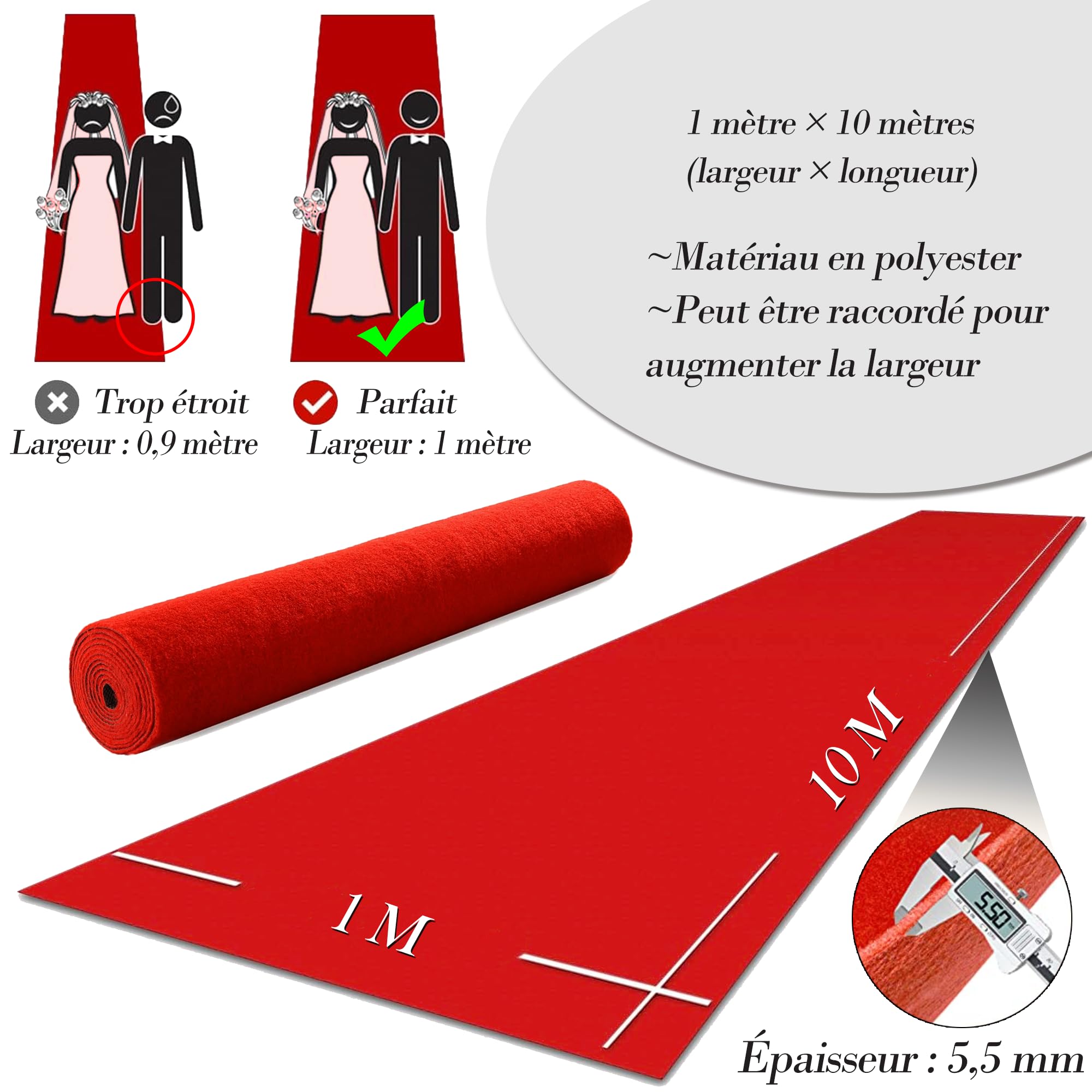 Tapis Rouge Extra Épais 1x10m Tapis de Passage Rouge pour Fêtes & Événements Anti-Dérapant Lavable en Machine Tapis de Couloir de Mariage pour Demandes en Mariage Noël,Thanksgiving