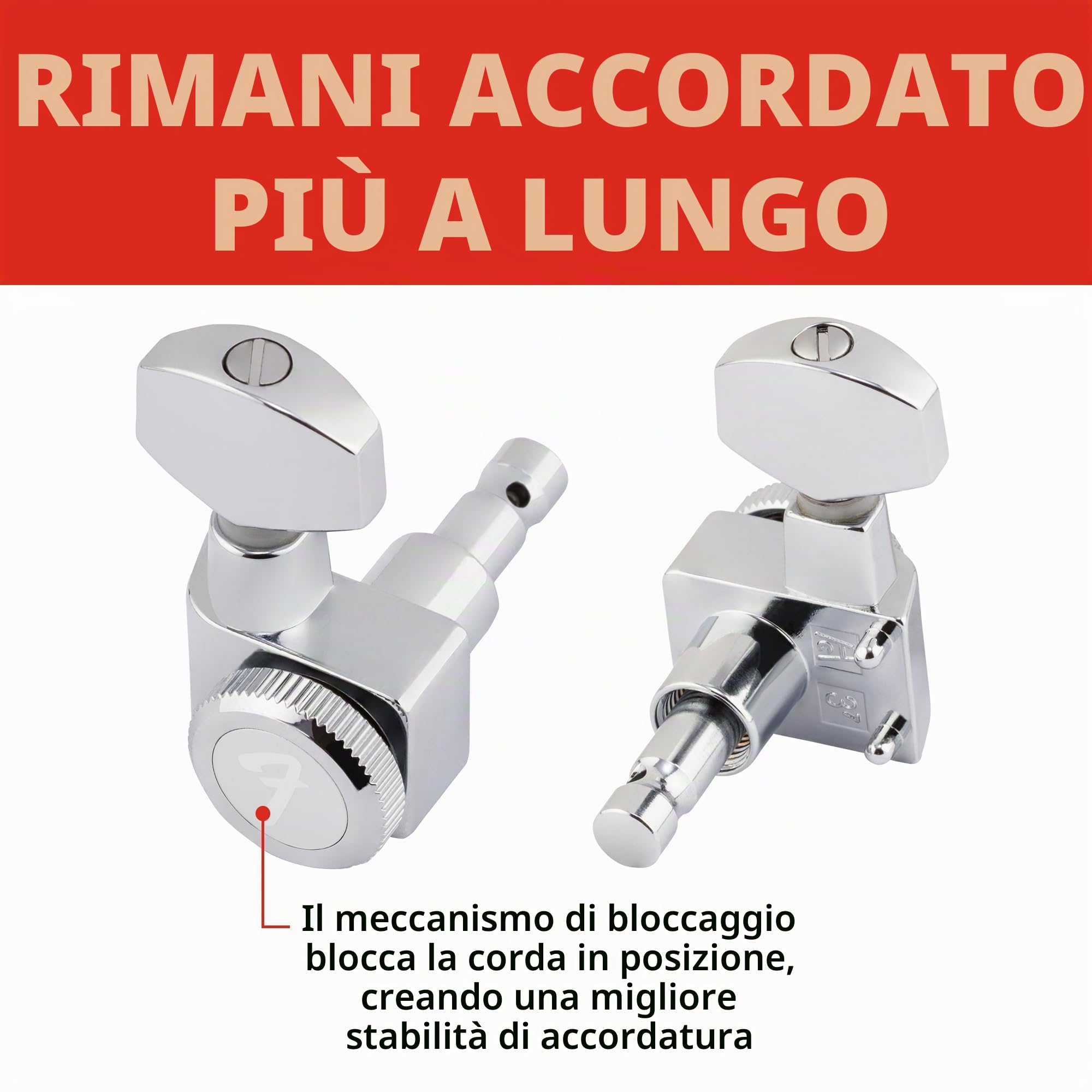 Fender Meccaniche Autobloccanti per Chitarra, Set da 6, Cromate, Stratocaster e Telecaster, Stile Moderno, Altezza Scalata, Accessori Inclusi