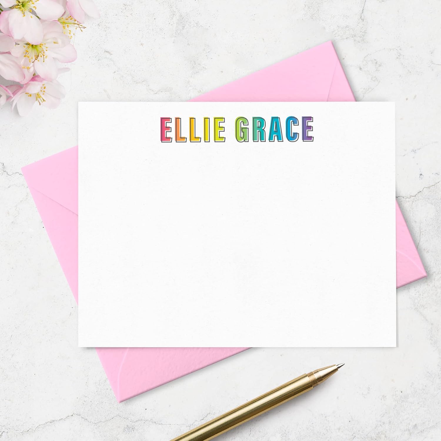Note Card and Envelope Stationery Set with Name in Rainbow Colors, Choose Set Size and Envelope Color, Stationery for Children, Note Cards for Kids | Fairmont & Grove Paper Co. (Mid Color Rainbow)