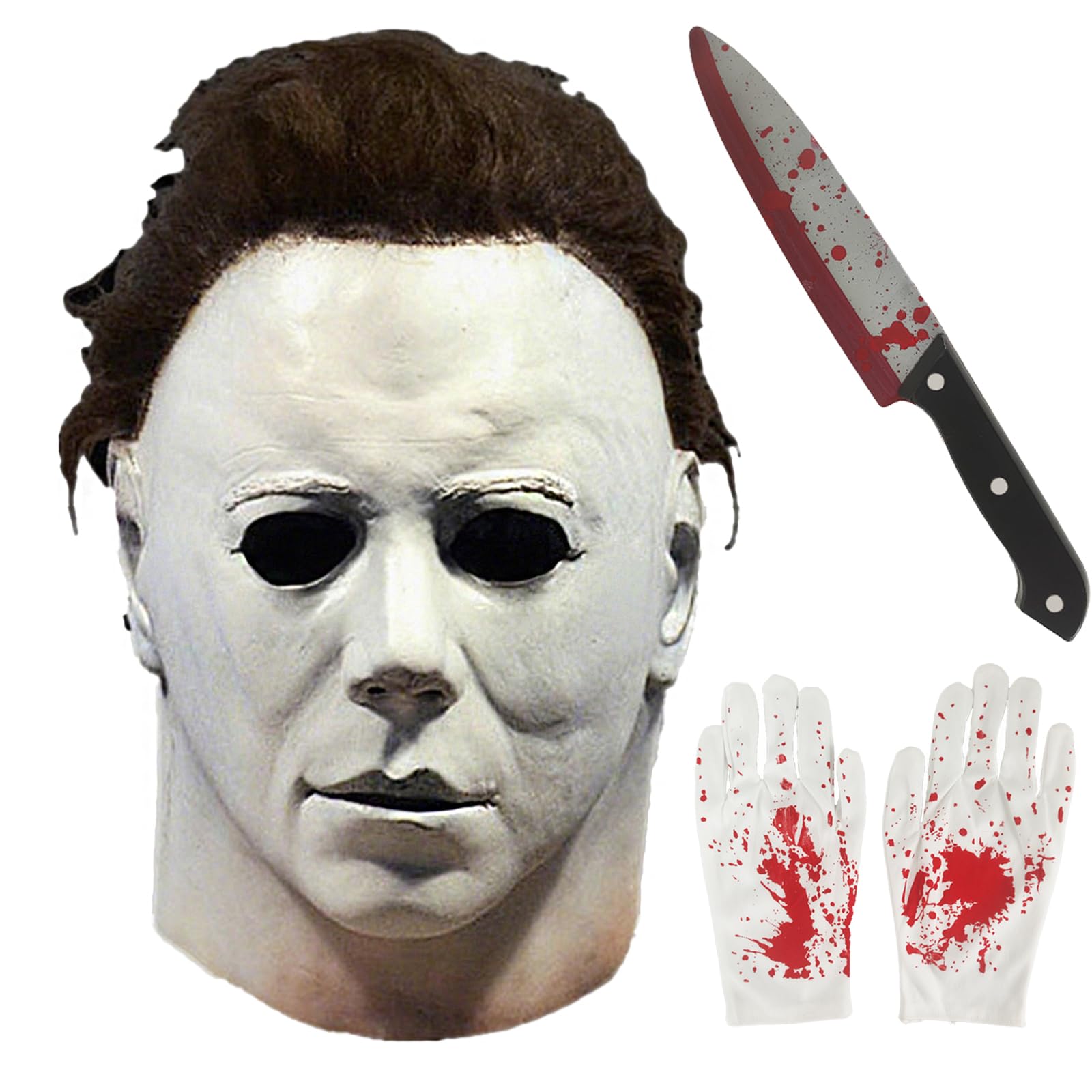 MxsFrundel 3 Piezas para Mascara Michael Myers Set, Mascara Halloween 2025, con Cabello, Cuchillo Juguete, Guantes, Apto para adolescentes mayores de 14 años y adultos, Talla única