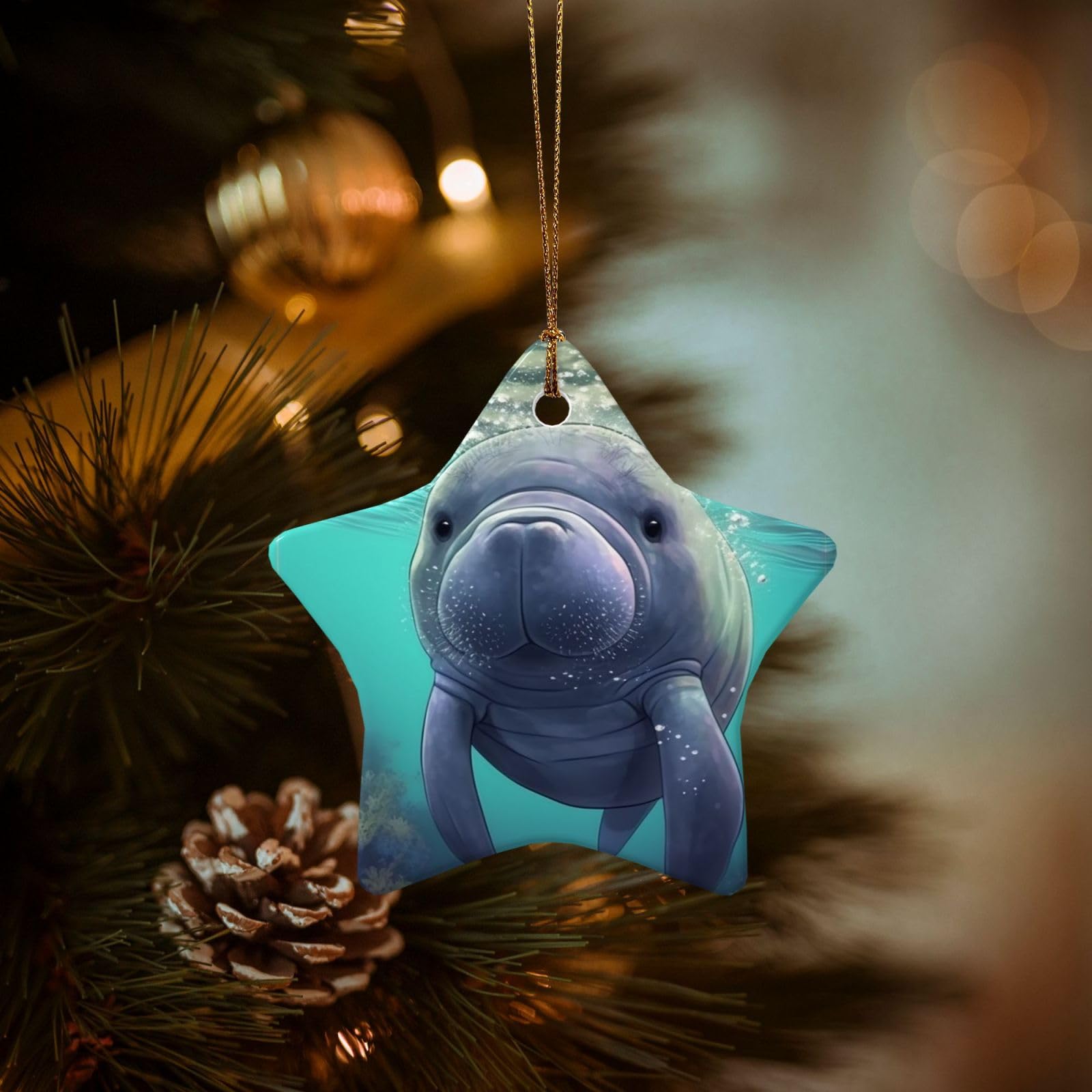Christmas Ornaments for Christmas Tree Decoration Hanging Cute Sea Animal Manatee Ornament with Gold Ribbon Crafts Star Shape Ceramic Pendant for Keepsake Gifts Xmas Decor Party Supplies