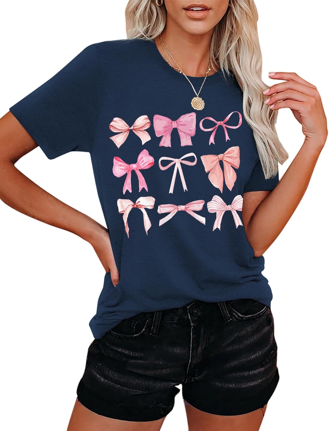 Womens Bow Shirt:Trendy Pink Bow Girly Tee Aesthetic T-Shirt Coquette Aesthetic Tee Tops - Image 4