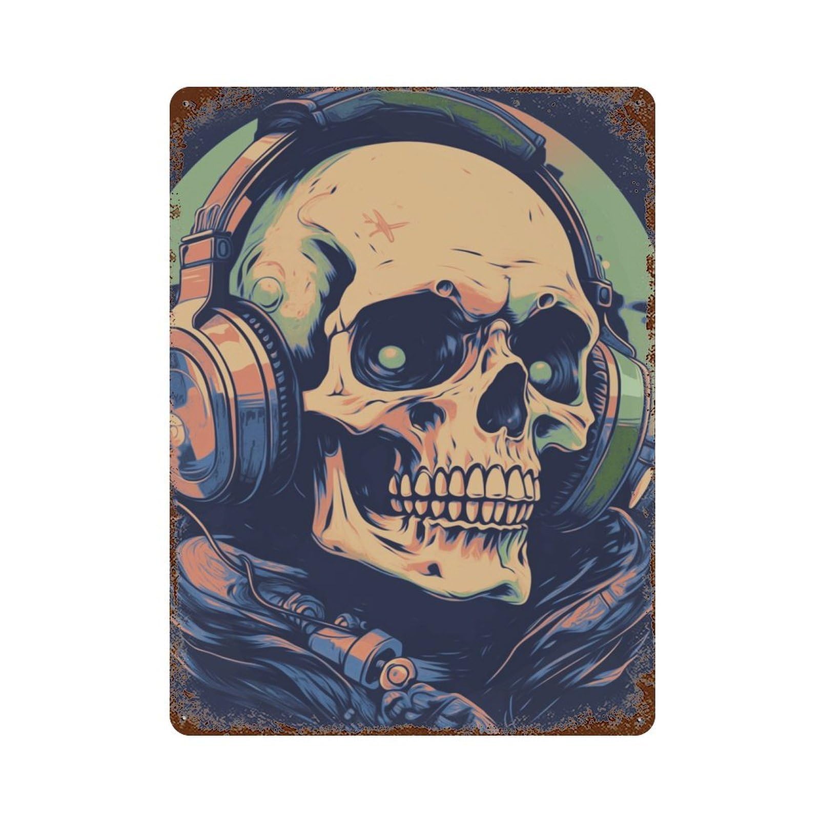 Skull with Headphones Aged Metal Wall Plaque 15.7"x11.8", Farmhouse Wall Decor for Office, Studio And Wall Decor