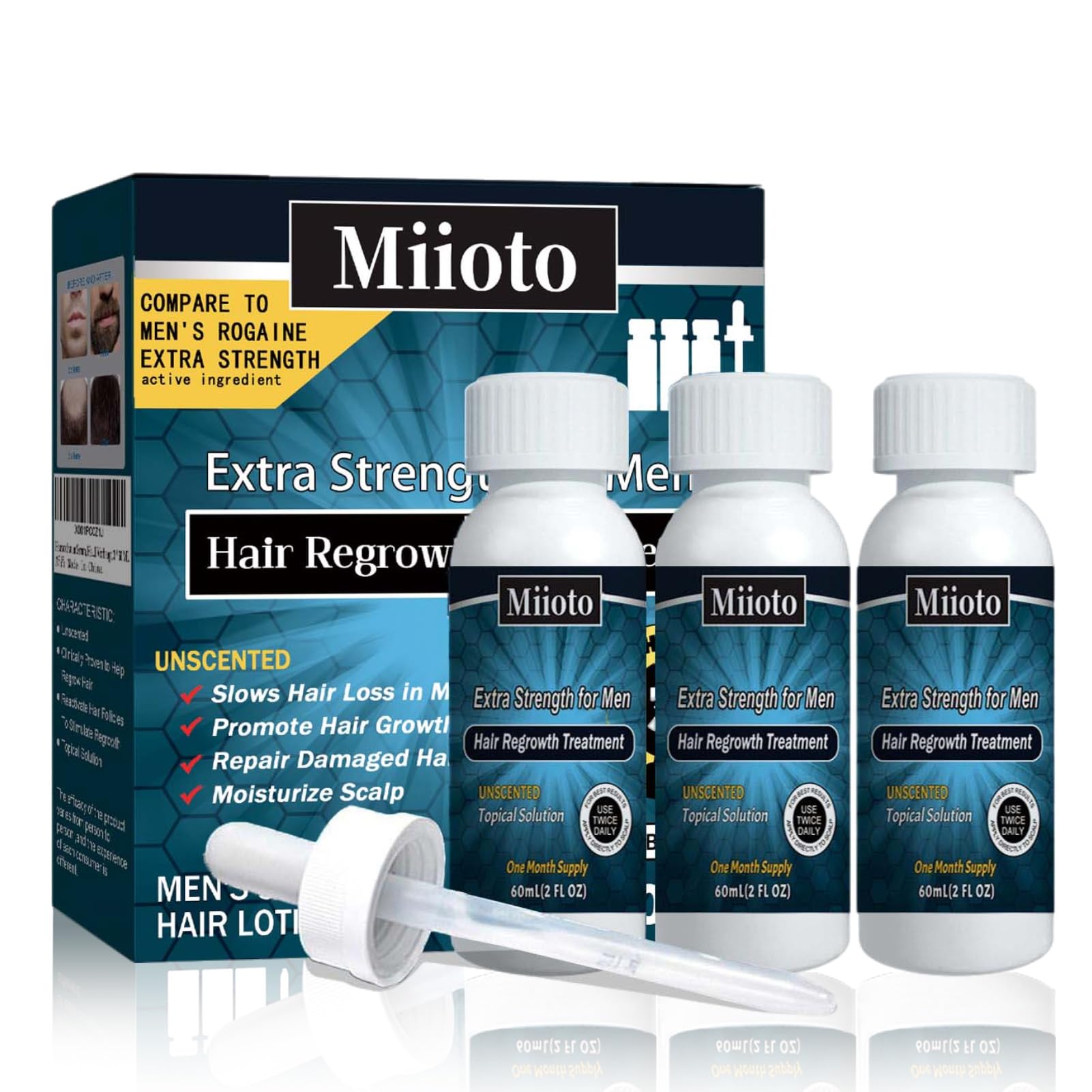MiiotoHair Growth Serum, Hair Growth Agent, Men, Hair Serum for Hair Growth, Scalp Care, Promotes Thicker Hair, Nourishes and Hair Loss Preventions, 3 x 60 ml