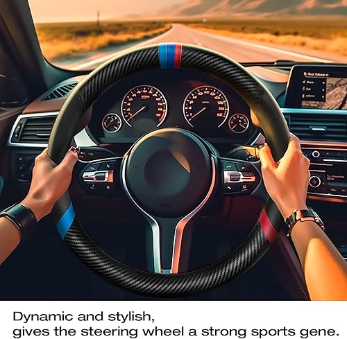 Miniatura 2 de Funda de volante de fibra de carbono, antideslizante y absorbente del sudor, fundas para volante de 15 pulgadas para hombres y mujeres, negro (negro