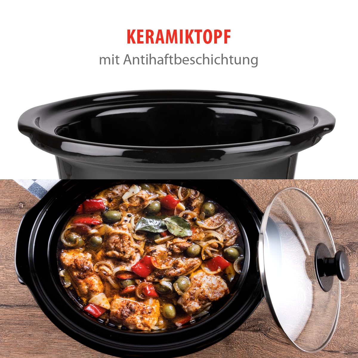 alpina Slow Cooker 3,5L - Multikocher mit Warmhaltefunktion - Crockpot mit Keramik-Innenpfanne und Glasdeckel - Multicooker 240W - Crock Pot Edelstahl, Silber