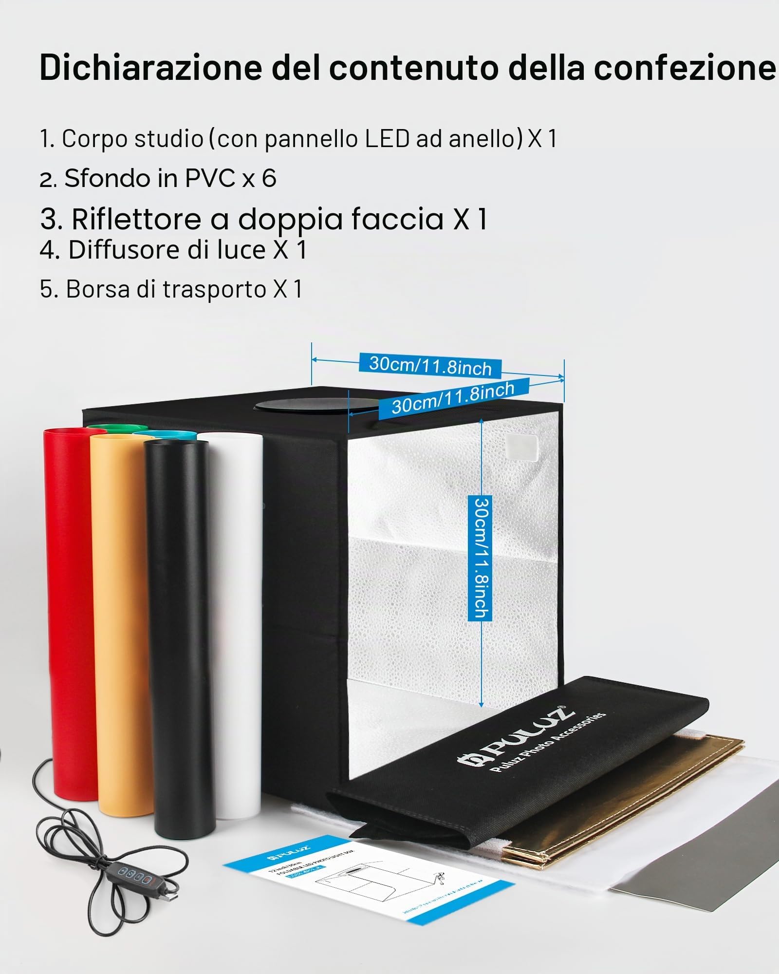 PULUZ Scatola per studio fotografico, 30 x 30 x 30 cm, professionale dimmerabile, kit tenda da tiro con CRI≥97, illuminazione bianca, 120 luci LED + 8 sfondi fotografici per fotografia di prodotto