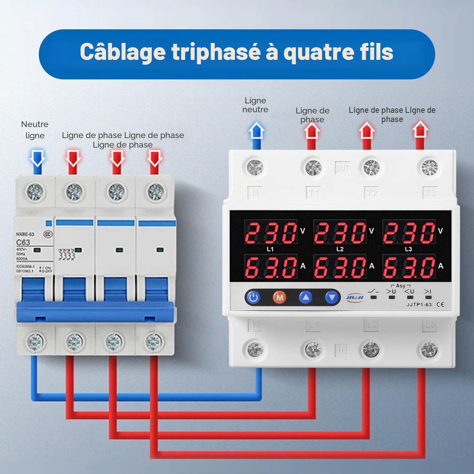 DEWIN Protecteur de Courant de Tension Triphasé, Voltmètre Ampèremètre à Rail DIN Triphasé Relais de Surtension et de Sous-tension AC 220V 100A