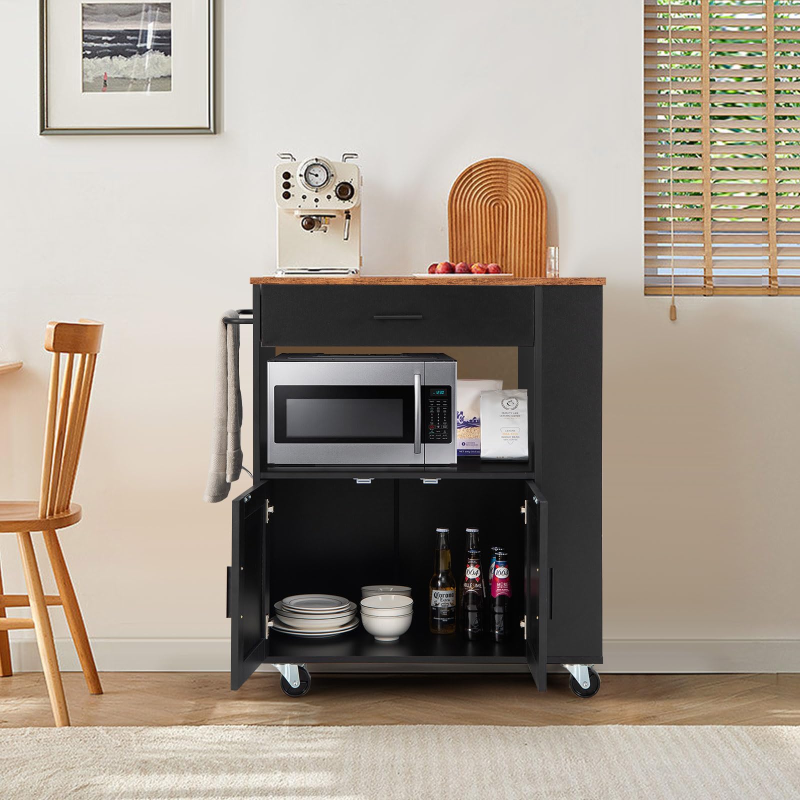 KOMFOTTEU Carrito de Cocina con Ruedas, Carro de Servicio con 3 Estantes Laterales, Armario de Puertas y Cajón, Isla de Almacenamiento con Toallero, Buffet de Comedor, 82 x 50 x 92 cm (Negro)