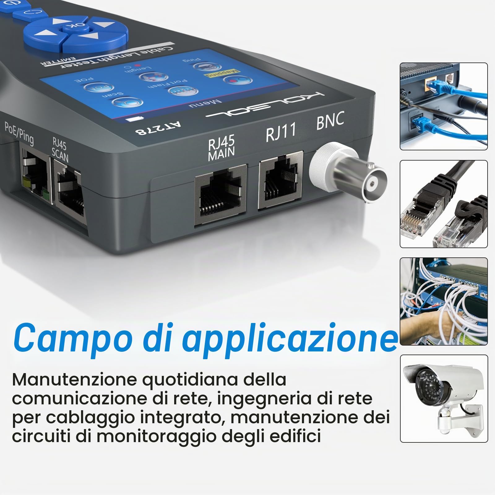 Tester per cavo di rete AT278, con TDR, filtro CA, tracciatore cavo multi-funzionale per RJ45, RJ11, BNC, cavo metallico, PING/POE