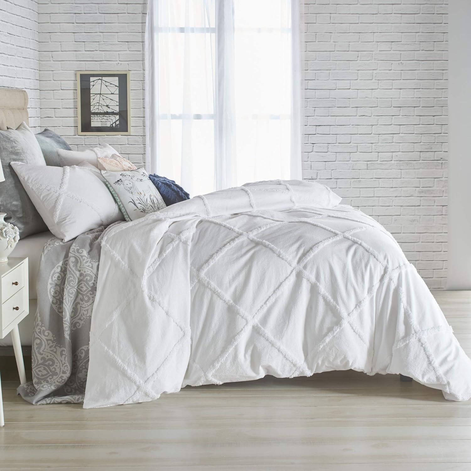 Tufted Duvet Cover, 100% Cotton 3PC Grey Boho Comforter Cover Set, Super King Size Soft and Lightweight Duvet Cover (Grey, Super King), LE-TD50