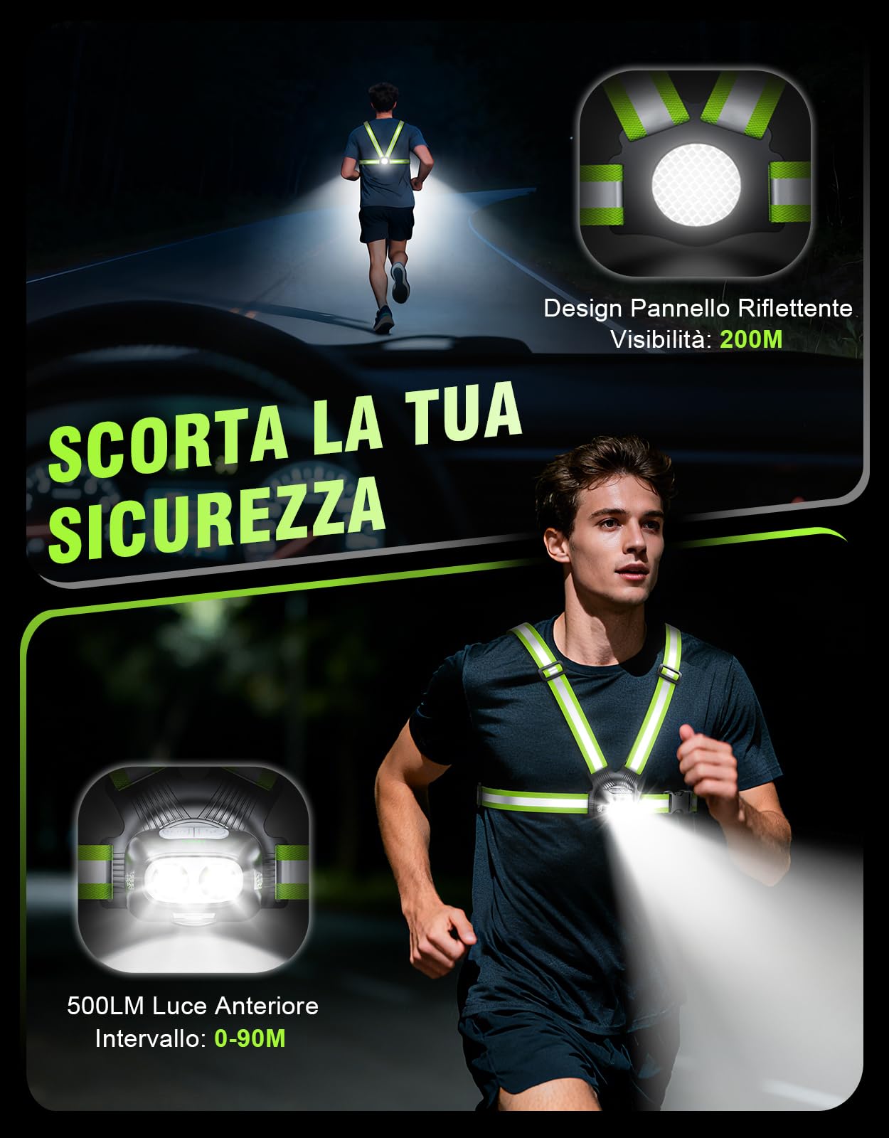 Mohard Luce Running 1800mAh 7 Modalità 45° Regolabile Gilet Catarifrangente USB Ricaricabile IPX4