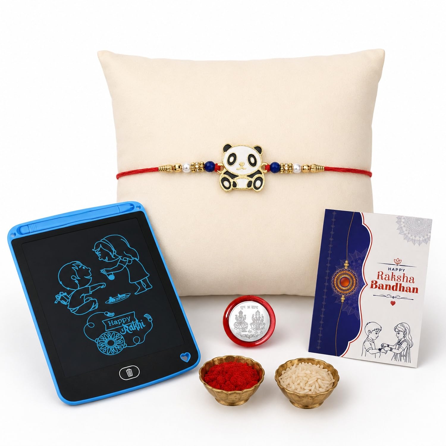 DeoDap (K1_260_1360) Multicolor Panda Rakhi Combo with LCD Writing Pad/Tablet for Kids, Silver Color Pooja Coin & Greeting Card | Occasion | Rakhi for brother with gift |new Rakhi collection | rakhi combo for brother | Fancy Rakhi for brother | Set of 1 Rakhi |-image-11