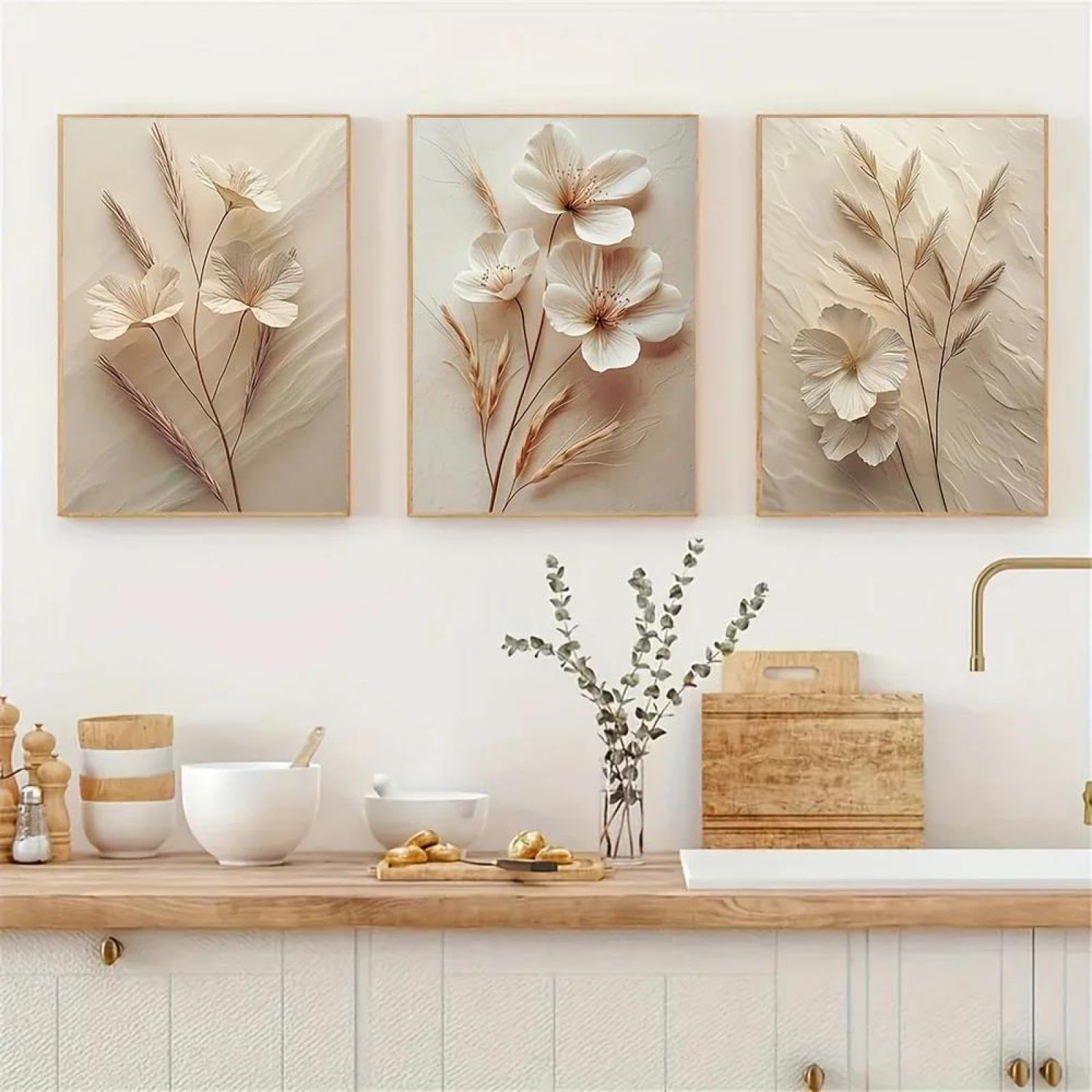 Baibexing Abstract Beige Plant Flower Canvas Painting Poster Prints Wall Art Picture For Living Room Home Decor 40X60Cmx3Pcs Unframed