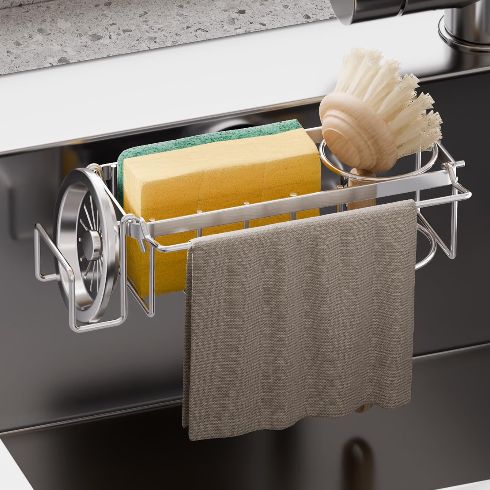 taili sponge holder with strong suction cup, 4-in-1 rustproof sink organizer - sink caddy holds sponges, brushes, stoppers & scrapers -silver