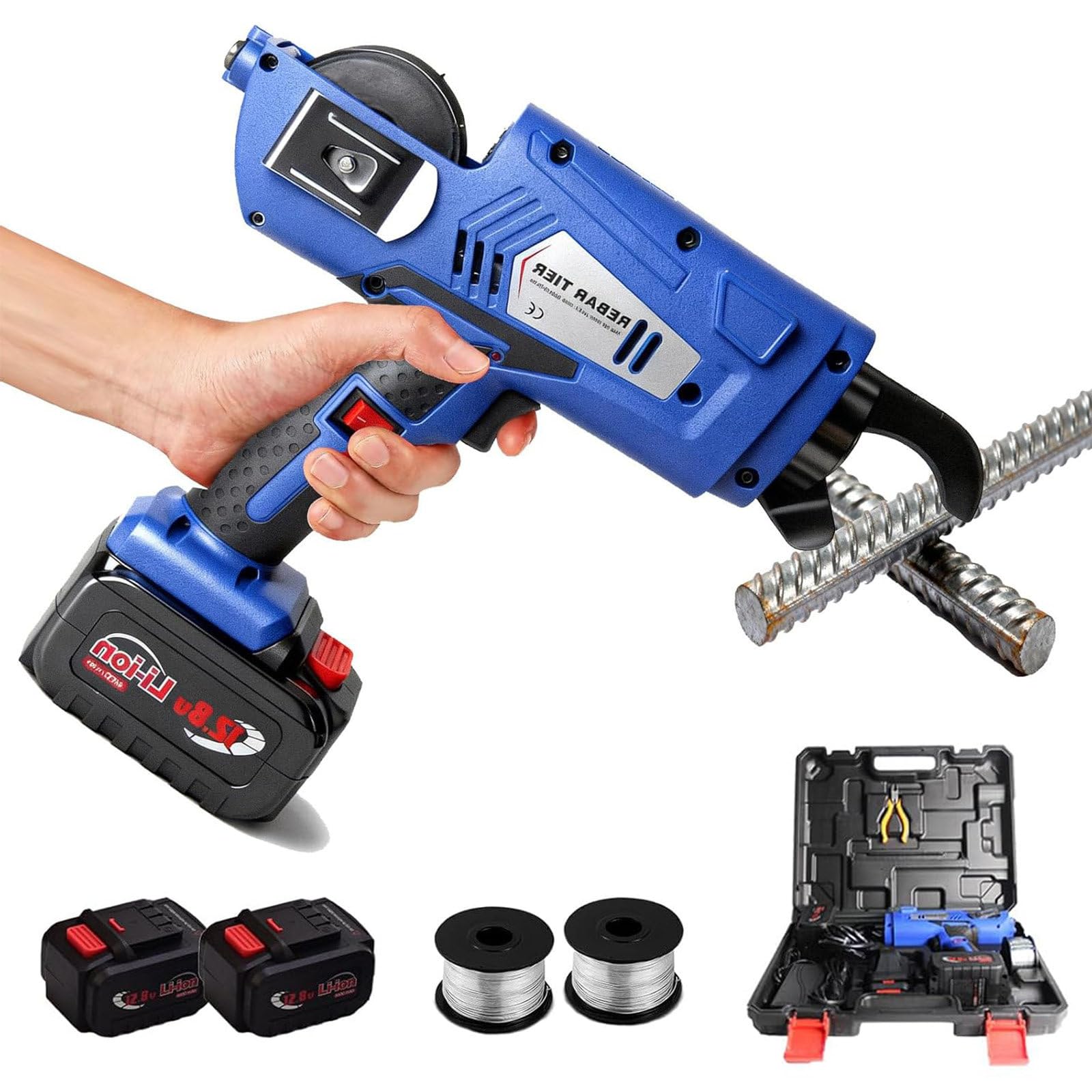 SOTIKARERY 8-34mm Rebar Tier Tying Machine/Electric Rebar Tier Gun/Automatic Rebar Tying Tool, Reinforcing Steel Strapping Kit Bar Rod Binding Tool,with Case and 2 Rechargeable 4400mAh Battery