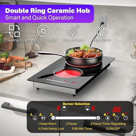 Ceramic Hob 2 Zone 3000W Built-in Countertop Slider Control