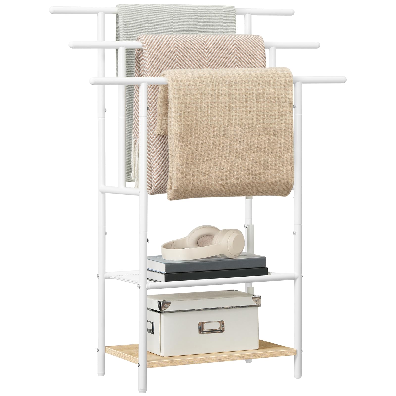 HOOBRO Porte-Serviettes sur Pieds avec 3 Barres, Support Salle de Bain, Blanc et Bois EWN05LB01