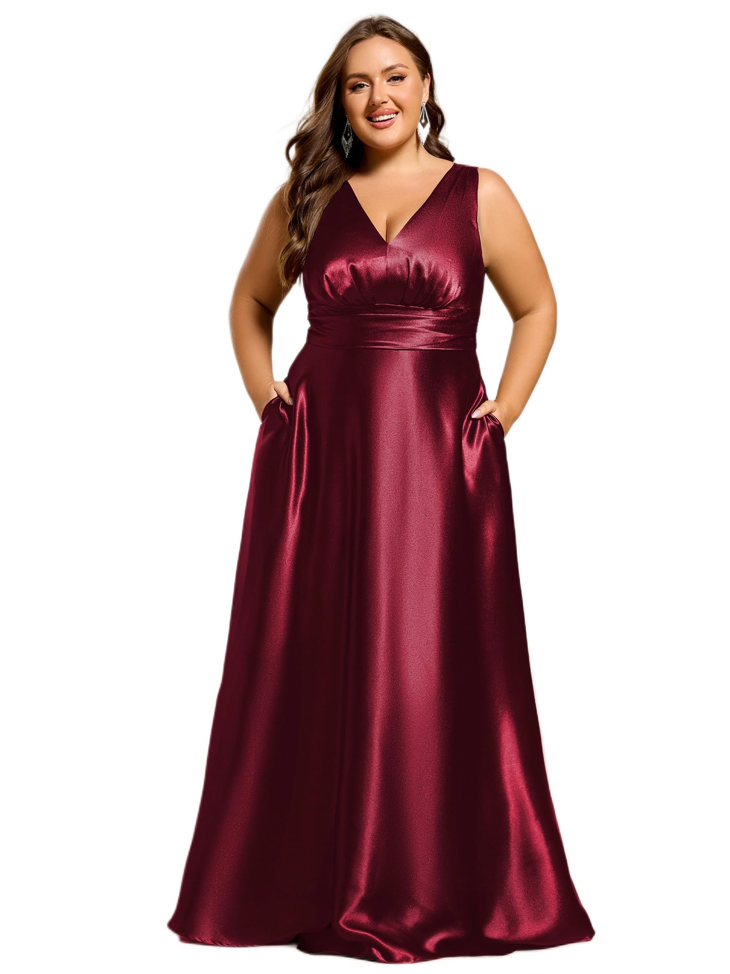 Ever-Pretty Plus Abito da donna senza maniche in raso taglie forti abiti da damigella d'onore estivi vita impero con tasche