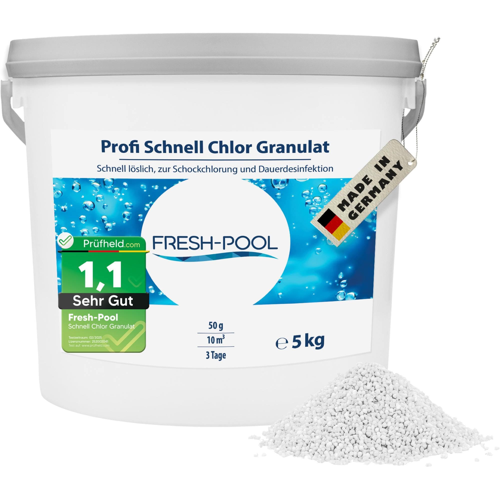 Fresh-Pool Profi Schnell Chlor Granulat, 56% Aktivchlor, 5 kg incl. Dosierbecher - Pool Chlor Granulat | Clorgranulatpool 5kg | Chlorgranulat für Pool | Chlor Pool | Clorgranulatpool